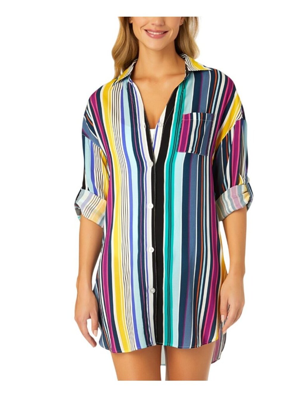 NWT Anne Cole Up Shirt with Buttons Roll Tab Barcode Stripe Blue Multi L/XL